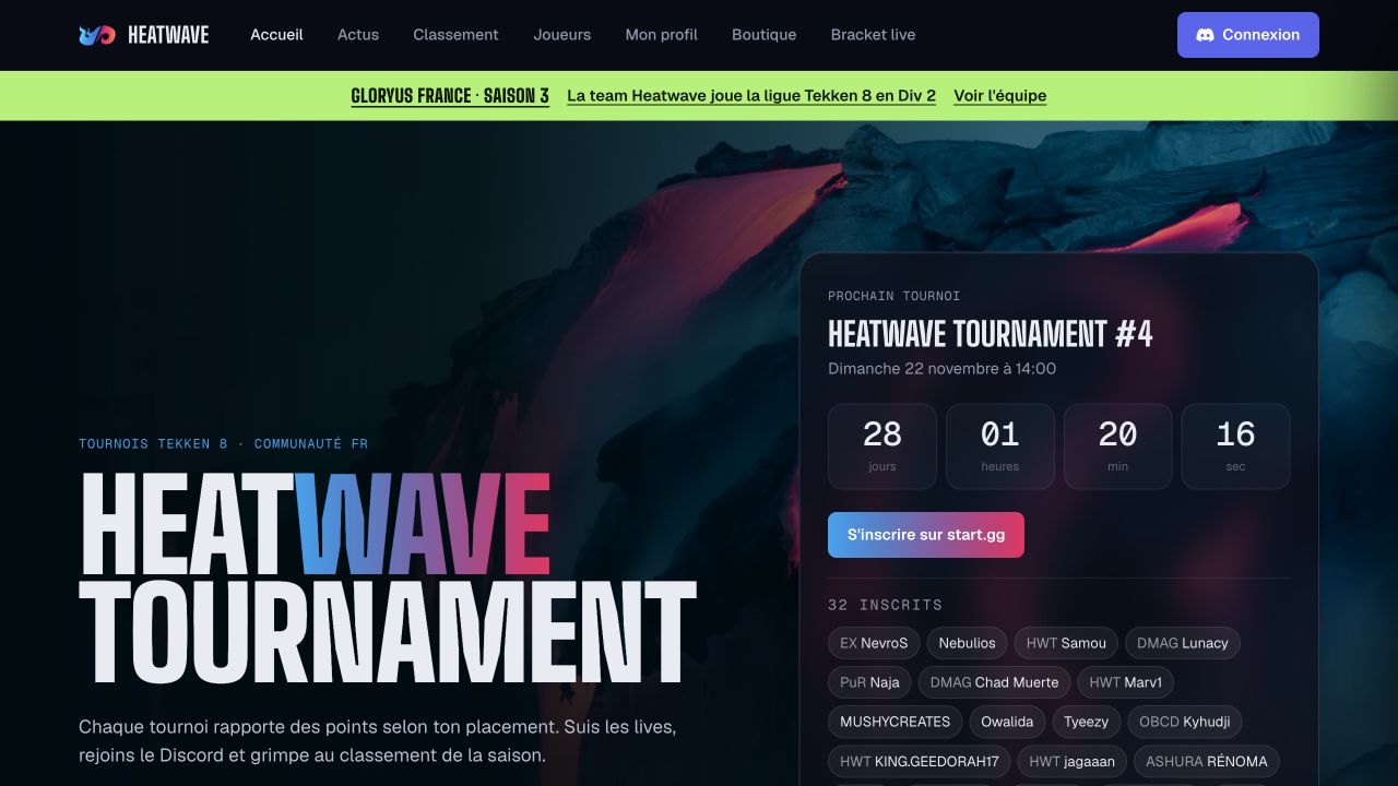 Accueil réel de Tourhelper présentant le prochain Heatwave Tournament